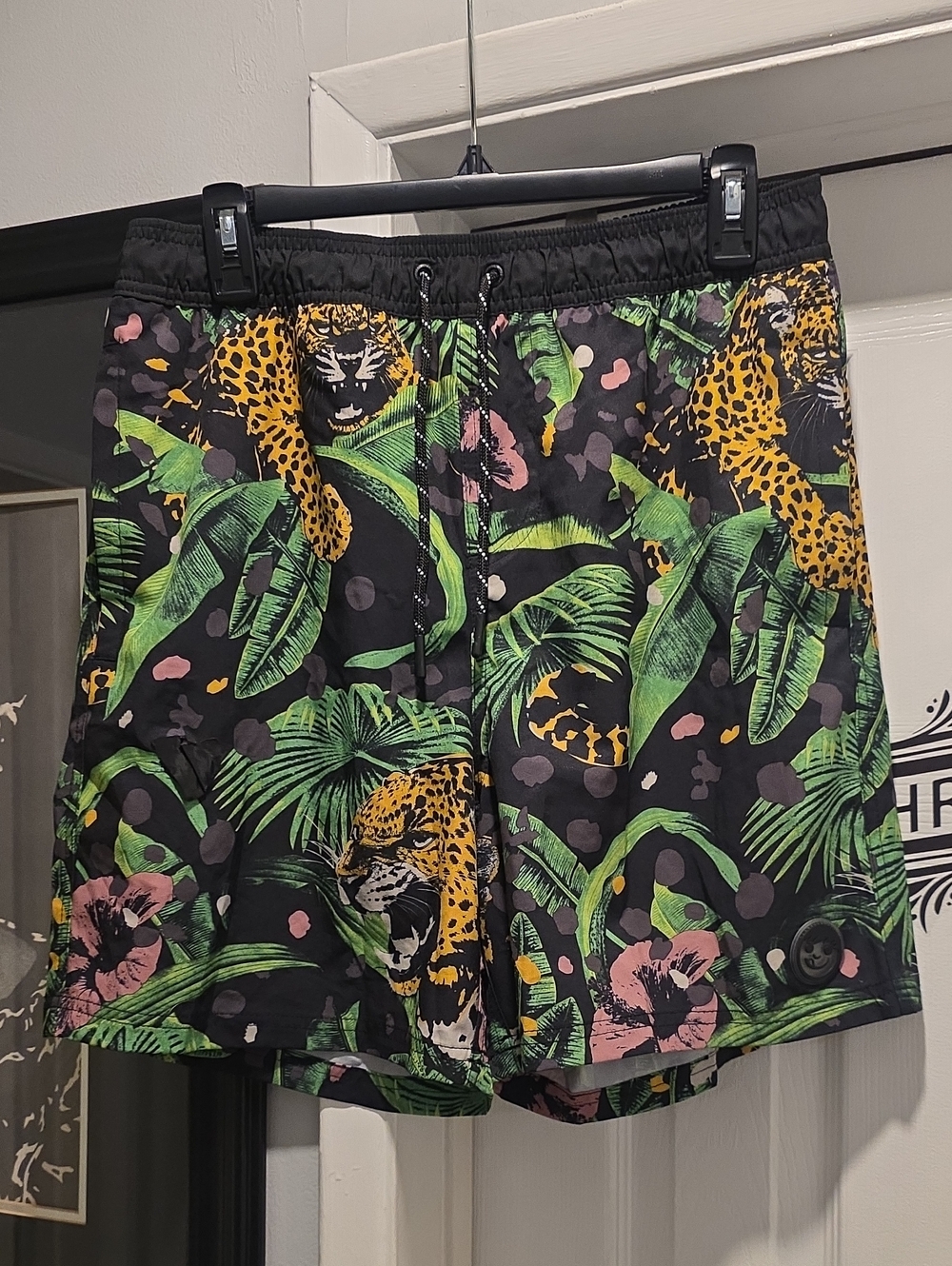 Neff Black Tropical Jaguar Swim Trunks with Green & Yellow Print